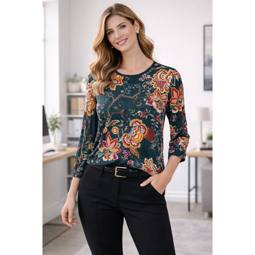 Johnny Was The Janie Dark Green Floral Print Long Puff Sleeve Top XXS